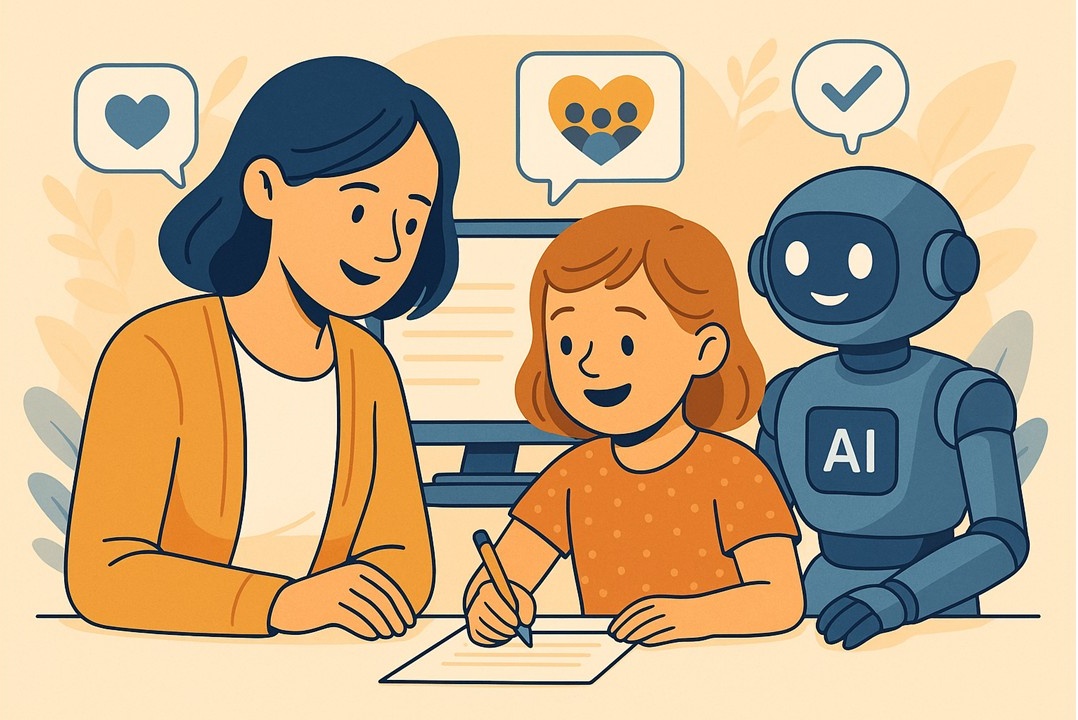 Understanding at the speed of need Teacher guiding a child with the help of friendly AI technology in an inclusive classroom setting